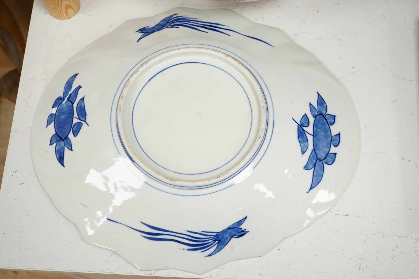 An oval Imari dish moulded with fans and a large Koransha Imari bowl, largest 38cm wide (2)